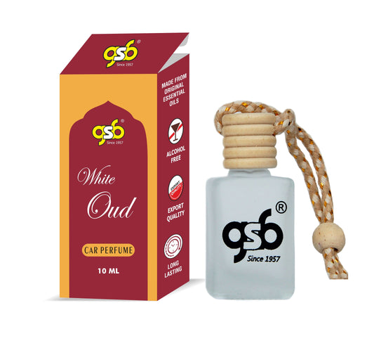 GSB White Oud Hanging Car Air Freshener | Long Lasting Car Perfume | Natural And Real Fragrance In Glass Bottle With Wooden Diffuser Lid | 10 Ml