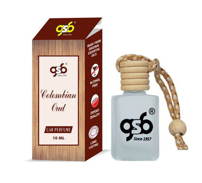 GSB Colombiyan Oud Hanging Car Air Freshener | Long Lasting Car Perfume | Natural And Real Fragrance In Glass Bottle With Wooden Diffuser Lid | 10 Ml