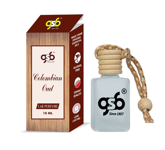 GSB Colombiyan Oud Hanging Car Air Freshener | Long Lasting Car Perfume | Natural And Real Fragrance In Glass Bottle With Wooden Diffuser Lid | 10 Ml