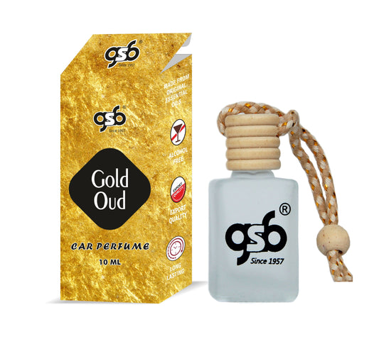 GSB Gold Oud Hanging Car Air Freshener | Long Lasting Car Perfume | Natural And Real Fragrance In Glass Bottle With Wooden Diffuser Lid | 10 Ml
