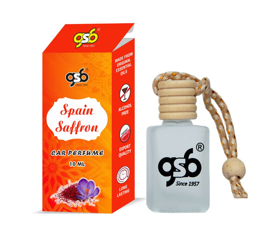 GSB Spain Saffron Hanging Car Air Freshener | Long Lasting Car Perfume | Natural And Real Fragrance In Glass Bottle With Wooden Diffuser Lid | 10 Ml