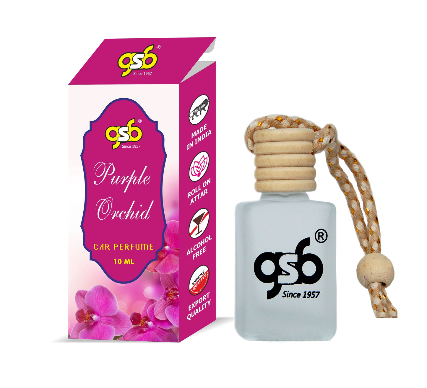 GSB Purple Orchid Hanging Car Air Freshener | Long Lasting Car Perfume | Natural And Real Fragrance In Glass Bottle With Wooden Diffuser Lid | 10 Ml