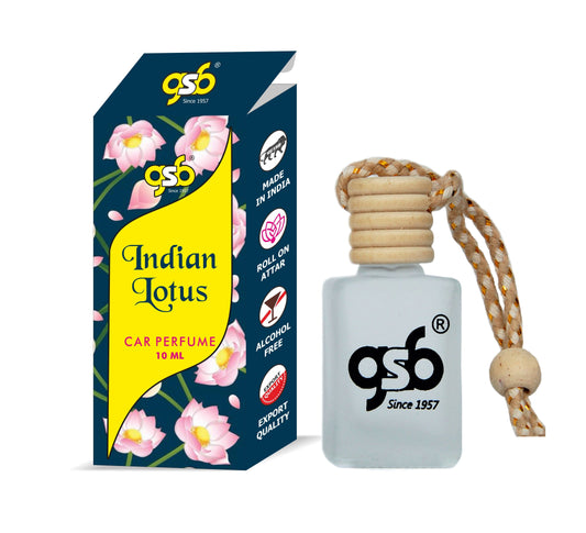 GSB Indian Lotus Hanging Car Air Freshener | Long Lasting Car Perfume | Natural And Real Fragrance In Glass Bottle With Wooden Diffuser Lid | 10 Ml