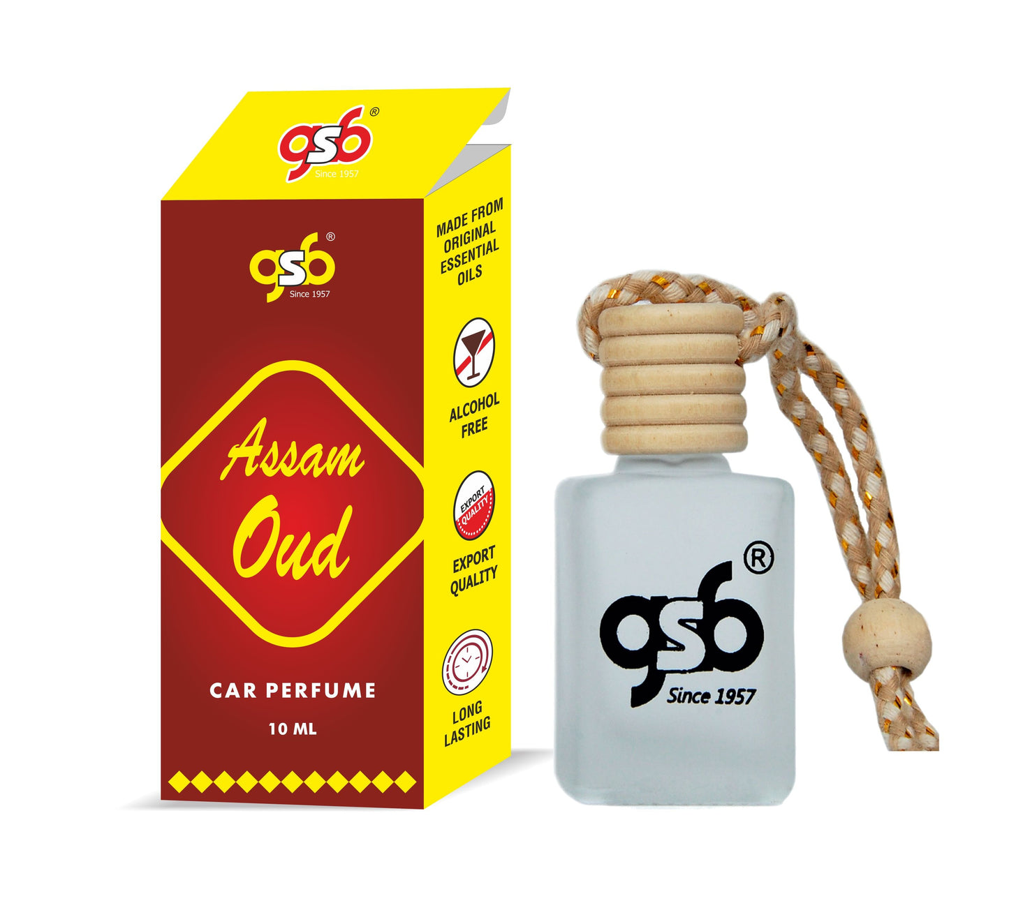 GSB Assam Oud Hanging Car Air Freshener | Long Lasting Car Perfume | Natural And Real Fragrance In Glass Bottle With Wooden Diffuser Lid | 10 Ml