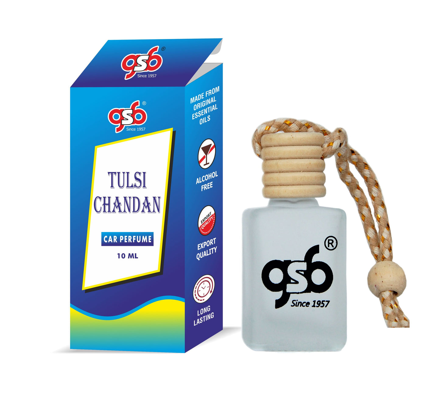 GSB Tulsi Chandan Hanging Car Air Freshener | Long Lasting Car Perfume | Natural And Real Fragrance In Glass Bottle With Wooden Diffuser Lid | 10 Ml