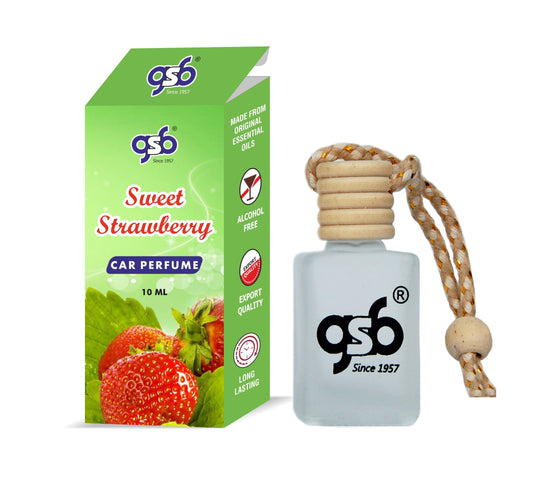 GSB Sweet Strawberry Hanging Car Air Freshener | Long Lasting Car Perfume | Natural And Real Fragrance In Glass Bottle With Wooden Diffuser Lid | 10 Ml