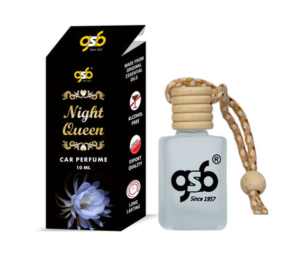 GSB Night Queen Hanging Car Air Freshener | Long Lasting Car Perfume | Natural And Real Fragrance In Glass Bottle With Wooden Diffuser Lid | 10 Ml