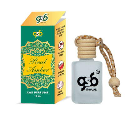 GSB Real Amber Hanging Car Air Freshener | Long Lasting Car Perfume | Natural And Real Fragrance In Glass Bottle With Wooden Diffuser Lid | 10 Ml