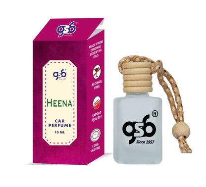 GSB Heena Hanging Car Air Freshener | Long Lasting Car Perfume | Natural And Real Fragrance In Glass Bottle With Wooden Diffuser Lid | 10 Ml
