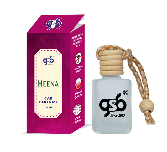 GSB Heena Hanging Car Air Freshener | Long Lasting Car Perfume | Natural And Real Fragrance In Glass Bottle With Wooden Diffuser Lid | 10 Ml