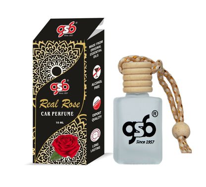GSB Real Rose Hanging Car Air Freshener | Long Lasting Car Perfume | Natural And Real Fragrance In Glass Bottle With Wooden Diffuser Lid | 10 Ml