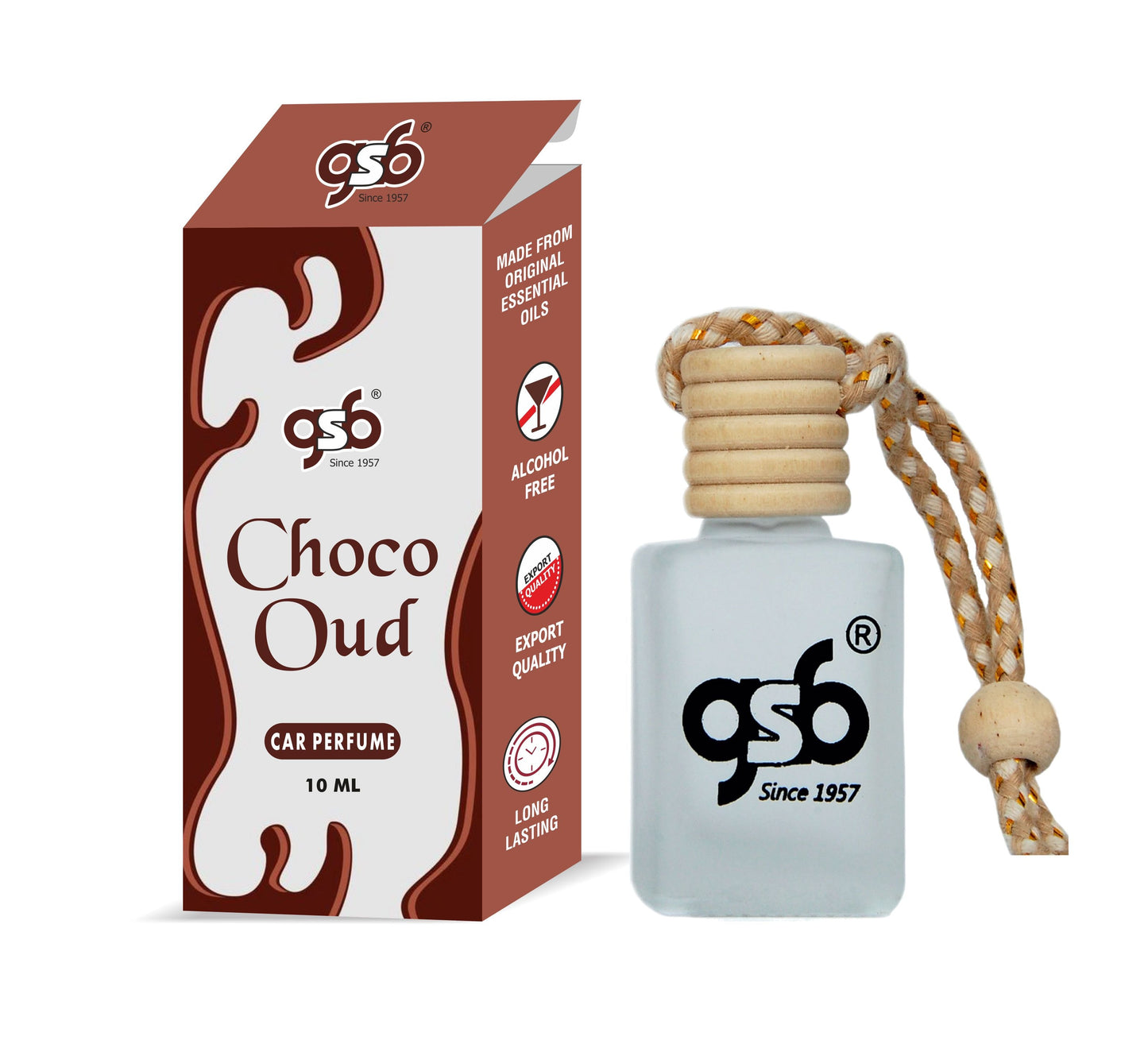 GSB Choco Oud Hanging Car Air Freshener | Long Lasting Car Perfume | Natural And Real Fragrance In Glass Bottle With Wooden Diffuser Lid | 10 Ml