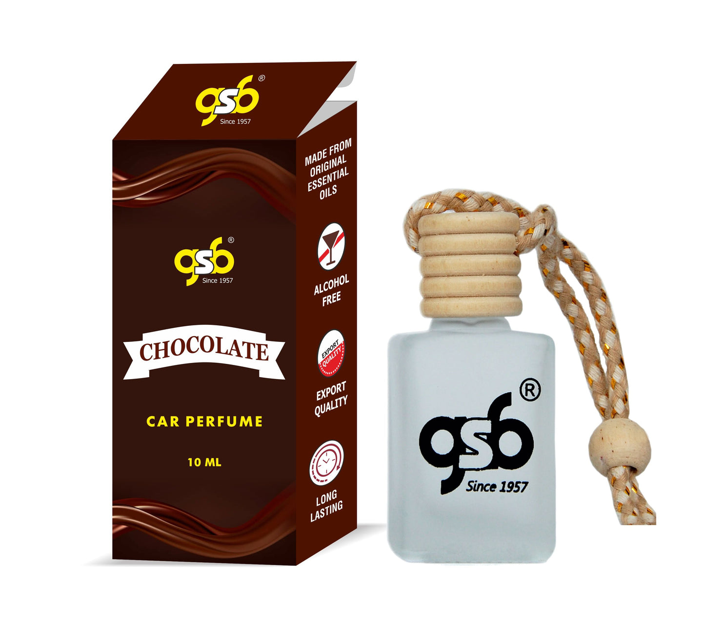 GSB Chocolate Hanging Car Air Freshener | Long Lasting Car Perfume | Natural And Real Fragrance In Glass Bottle With Wooden Diffuser Lid | 10 Ml