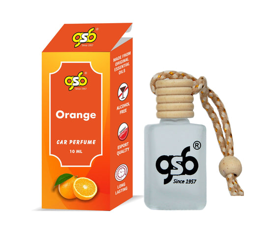 GSB Orange Hanging Car Air Freshener | Long Lasting Car Perfume | Natural And Real Fragrance In Glass Bottle With Wooden Diffuser Lid | 10 Ml