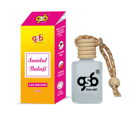 GSB Sandal Balaji Hanging Car Air Freshener | Long Lasting Car Perfume | Natural And Real Fragrance In Glass Bottle With Wooden Diffuser Lid | 10 Ml