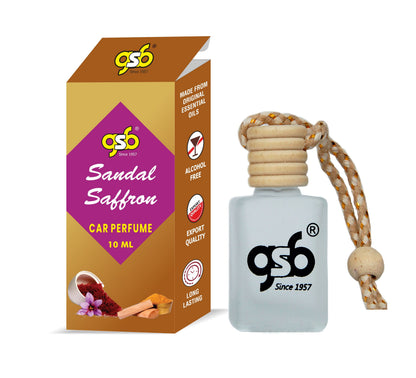 GSB Sandal Saffron Hanging Car Air Freshener | Long Lasting Car Perfume | Natural And Real Fragrance In Glass Bottle With Wooden Diffuser Lid | 10 Ml
