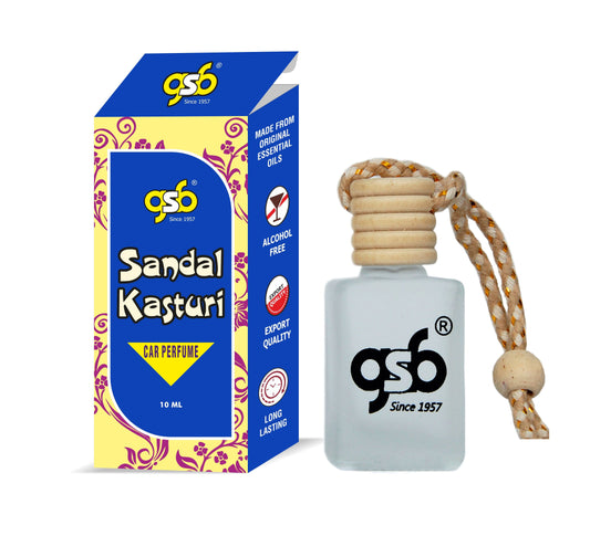 GSB Sandal Kasturi Hanging Car Air Freshener | Long Lasting Car Perfume | Natural And Real Fragrance In Glass Bottle With Wooden Diffuser Lid | 10 Ml