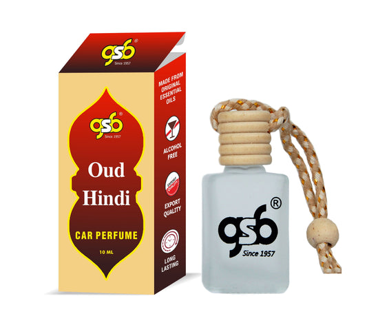 GSB Oud Hindi Hanging Car Air Freshener | Long Lasting Car Perfume | Natural And Real Fragrance In Glass Bottle With Wooden Diffuser Lid | 10 Ml