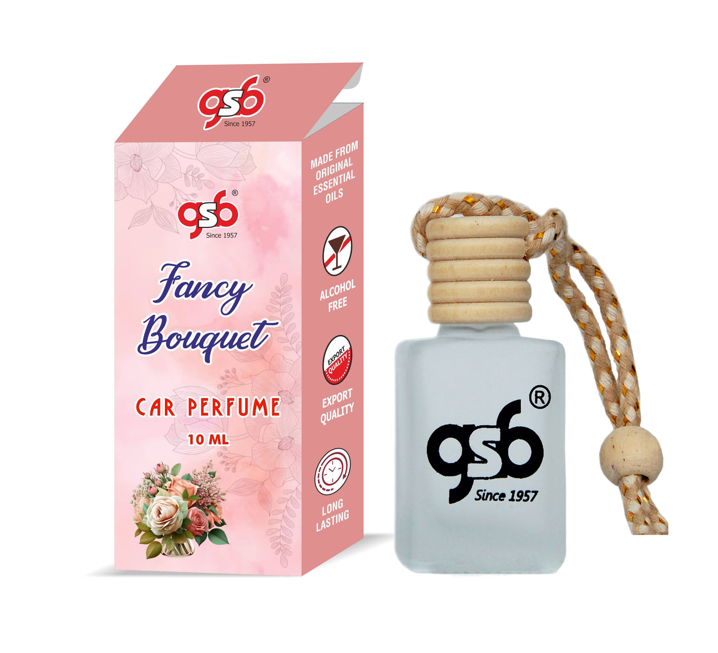 GSB Fancy Boquet Hanging Car Air Freshener | Long Lasting Car Perfume | Natural And Real Fragrance In Glass Bottle With Wooden Diffuser Lid | 10 Ml