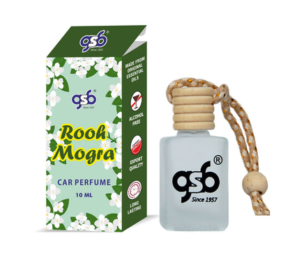 GSB Rooh Mogra Hanging Car Air Freshener | Long Lasting Car Perfume | Natural And Real Fragrance In Glass Bottle With Wooden Diffuser Lid | 10 Ml