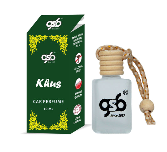 GSB Khus Hanging Car Air Freshener | Long Lasting Car Perfume | Natural And Real Fragrance In Glass Bottle With Wooden Diffuser Lid | 10 Ml
