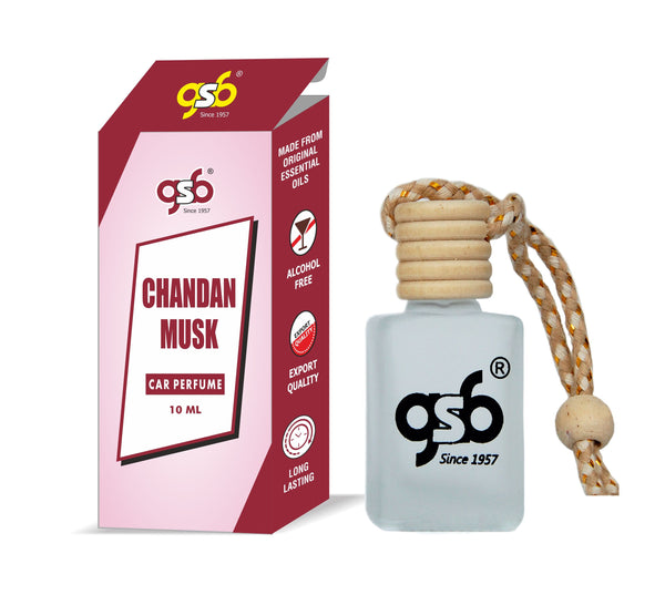 GSB Chandan Musk Hanging Car Air Freshener | Long Lasting Car Perfume | Natural And Real Fragrance In Glass Bottle With Wooden Diffuser Lid | 10 Ml