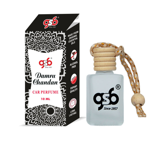 GSB Damru Chandan Hanging Car Air Freshener | Long Lasting Car Perfume | Natural And Real Fragrance In Glass Bottle With Wooden Diffuser Lid | 10 Ml