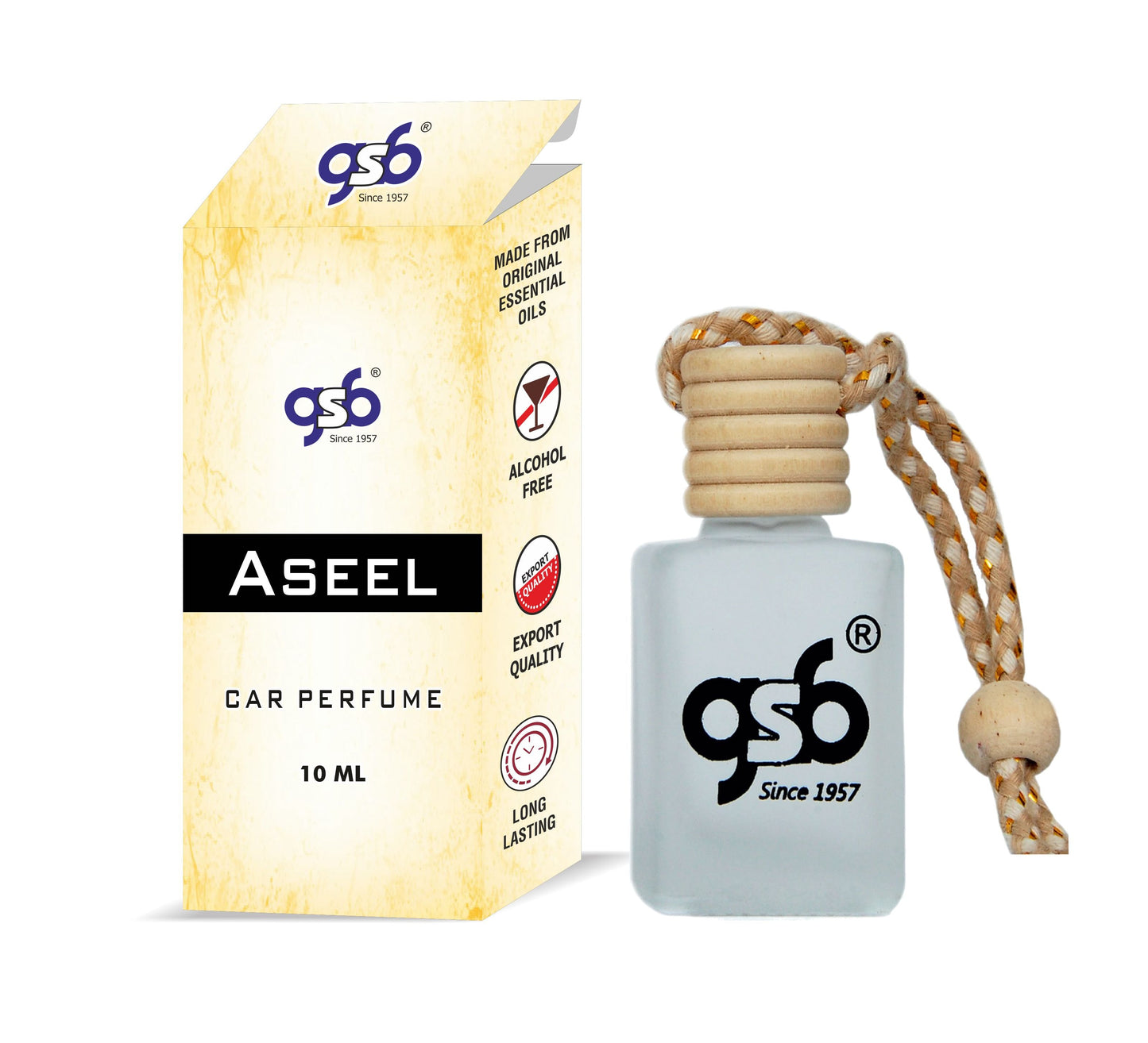 GSB Aseel Hanging Car Air Freshener | Long Lasting Car Perfume | Natural And Real Fragrance In Glass Bottle With Wooden Diffuser Lid | 10 Ml
