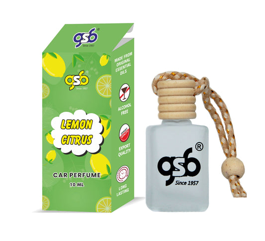 GSB Lemon Citrus Hanging Car Air Freshener | Long Lasting Car Perfume | Natural And Real Fragrance In Glass Bottle With Wooden Diffuser Lid | 10 Ml