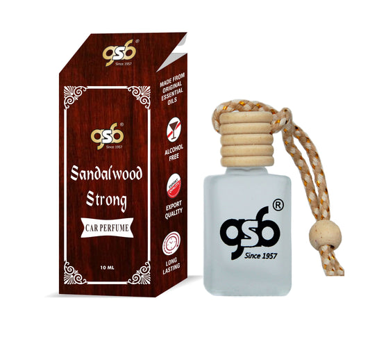 GSB Sandalwood Strong Hanging Car Air Freshener | Long Lasting Car Perfume | Natural And Real Fragrance In Glass Bottle With Wooden Diffuser Lid | 10 Ml