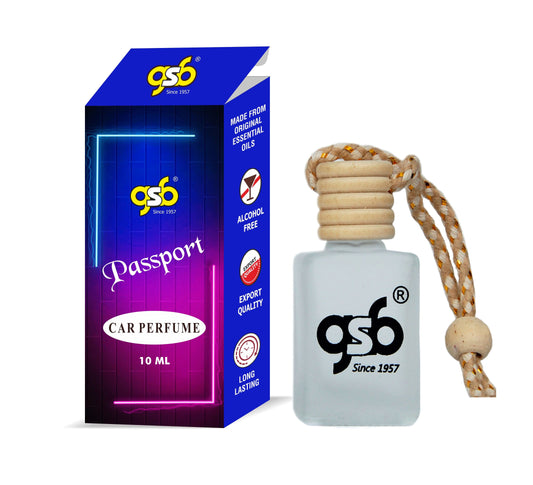 GSB Passport Hanging Car Air Freshener | Long Lasting Car Perfume | Natural And Real Fragrance In Glass Bottle With Wooden Diffuser Lid | 10 Ml