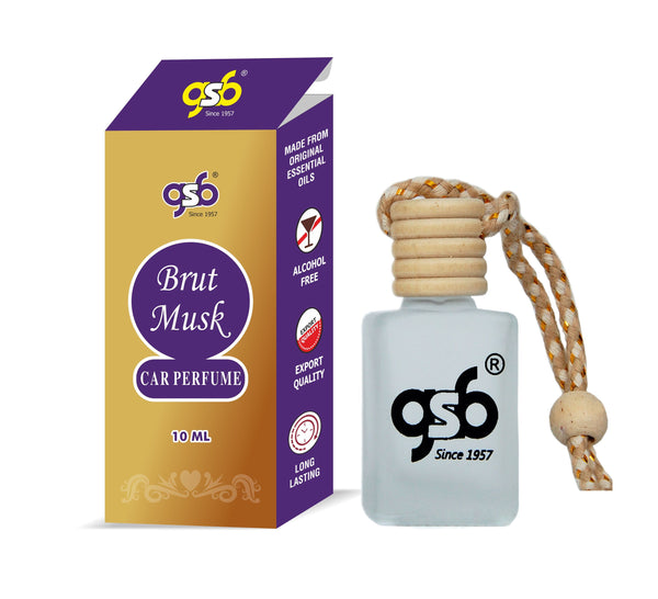 GSB Brut Musk Hanging Car Air Freshener | Long Lasting Car Perfume | Natural And Real Fragrance In Glass Bottle With Wooden Diffuser Lid | 10 Ml
