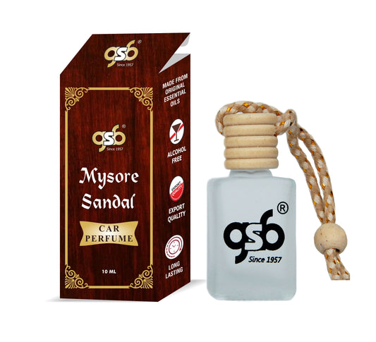 GSB Mysore Sandal Hanging Car Air Freshener | Long Lasting Car Perfume | Natural And Real Fragrance In Glass Bottle With Wooden Diffuser Lid | 10 Ml