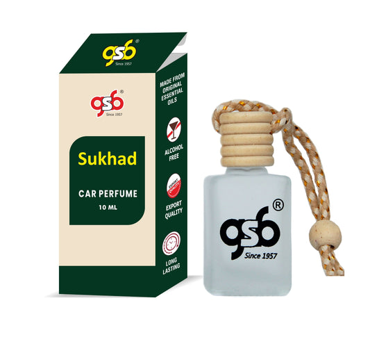 GSB Sukhad Hanging Car Air Freshener | Long Lasting Car Perfume | Natural And Real Fragrance In Glass Bottle With Wooden Diffuser Lid | 10 Ml