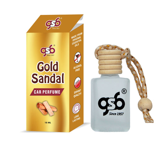 GSB Gold Sandal Hanging Car Air Freshener | Long Lasting Car Perfume | Natural And Real Fragrance In Glass Bottle With Wooden Diffuser Lid | 10 Ml