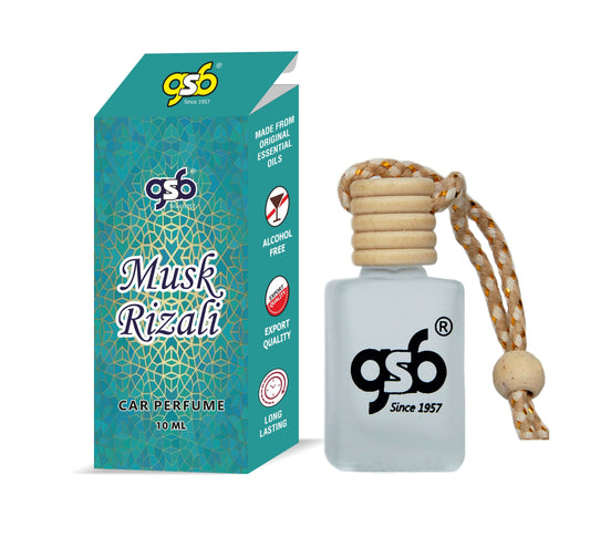 GSB Musk Rizali Hanging Car Air Freshener | Long Lasting Car Perfume | Natural And Real Fragrance In Glass Bottle With Wooden Diffuser Lid | 10 Ml