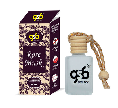 GSB Rose Musk Hanging Car Air Freshener | Long Lasting Car Perfume | Natural And Real Fragrance In Glass Bottle With Wooden Diffuser Lid | 10 Ml