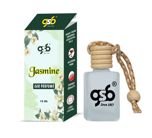 GSB Jasmine Hanging Car Air Freshener | Long Lasting Car Perfume | Natural And Real Fragrance In Glass Bottle With Wooden Diffuser Lid | 10 Ml