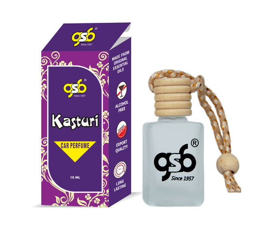 GSB Kasturi Hanging Car Air Freshener | Long Lasting Car Perfume | Natural And Real Fragrance In Glass Bottle With Wooden Diffuser Lid | 10 Ml