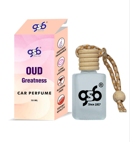 GSB Oud Greatness Hanging Car Air Freshener Inspired From Intio Oud For Greatness | Natural Fragrance In Glass Bottle With Wooden Diffuser Lid | 10 Ml