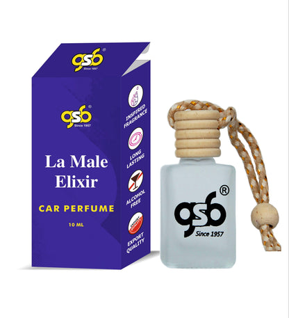 GSB La Male Elixir Hanging Car Air Freshener Inspired From La Male Elixir Jane Paul Gualiter | Natural Fragrance In Glass Bottle With Wooden Diffuser Lid | 10 Ml