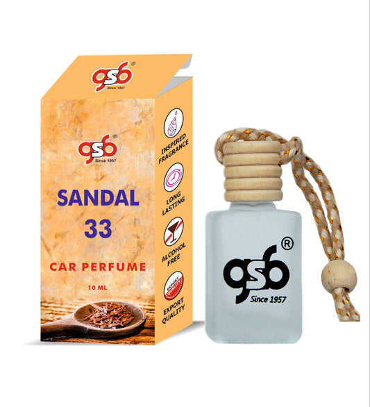 GSB Sandal 33 Hanging Car Air Freshener Inspired From Sandal 33 Lo Labe | Natural Fragrance In Glass Bottle With Wooden Diffuser Lid | 10 Ml