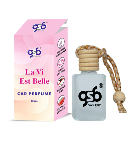 GSB La Vie Est Belle Hanging Car Air Freshener Inspired From La Vie Est Belle Loncame | Natural Fragrance In Glass Bottle With Wooden Diffuser Lid | 10 Ml