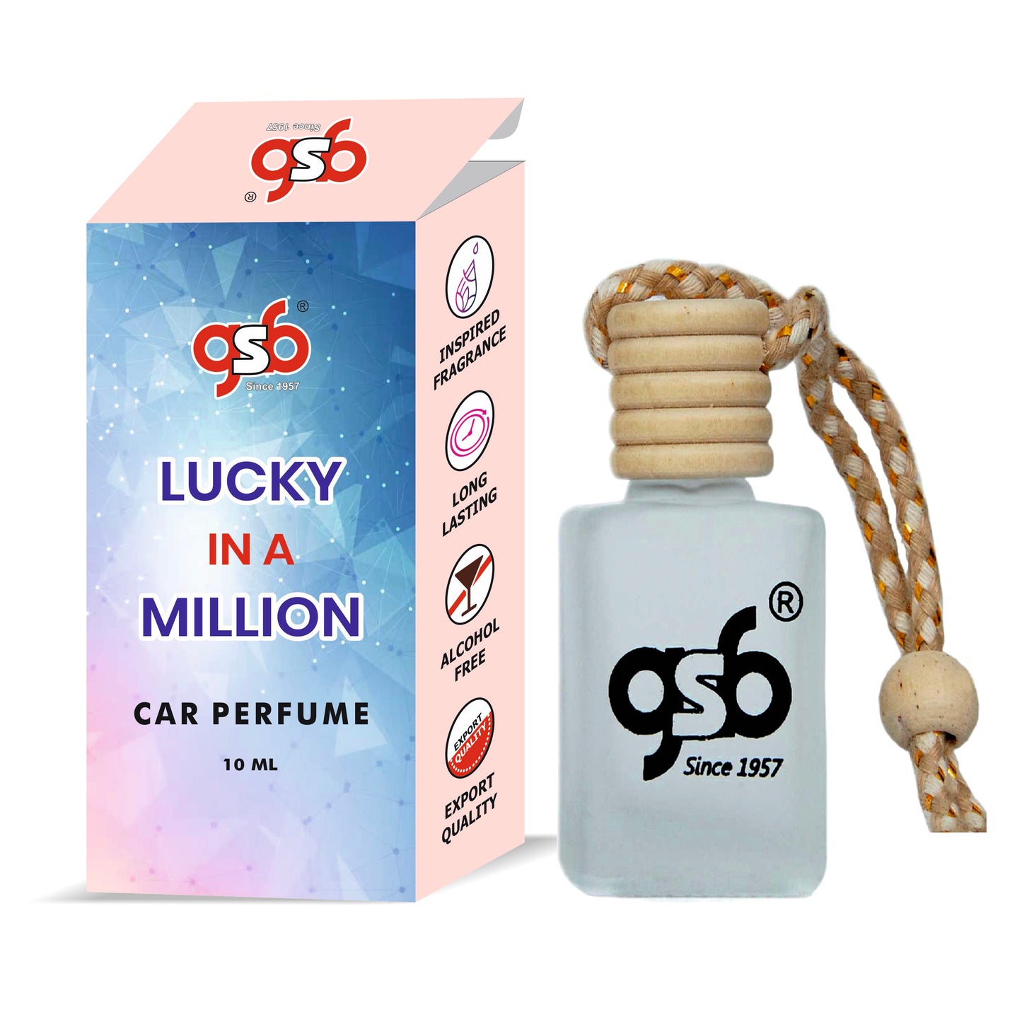 GSB Lucky In A Million Hanging Car Air Freshener Inspired From Pcao Rbbane One Million Lucky | Natural Fragrance In Glass Bottle With Wooden Diffuser Lid | 10 Ml