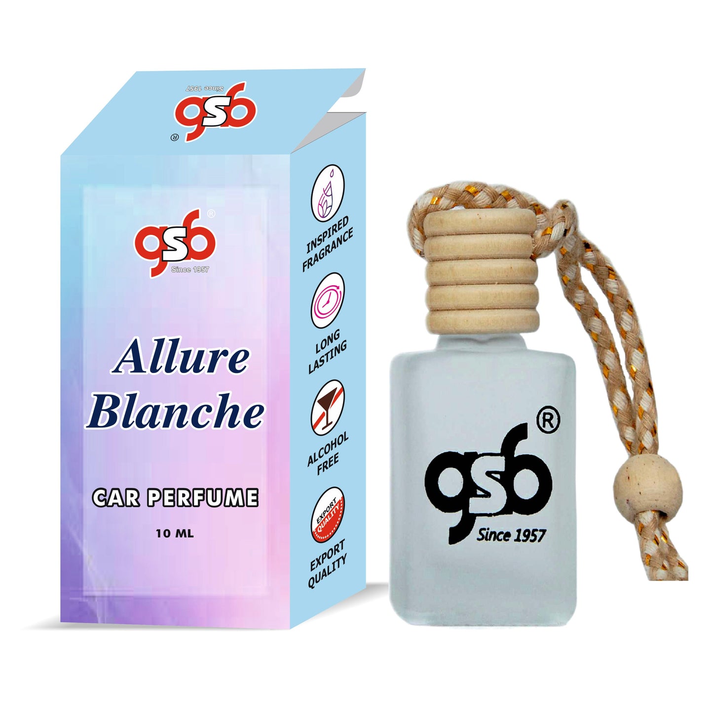 GSB Allure Blanche Hanging Car Air Freshener Inspired From Chneal Allure Blanche | Natural Fragrance In Glass Bottle With Wooden Diffuser Lid | 10 Ml