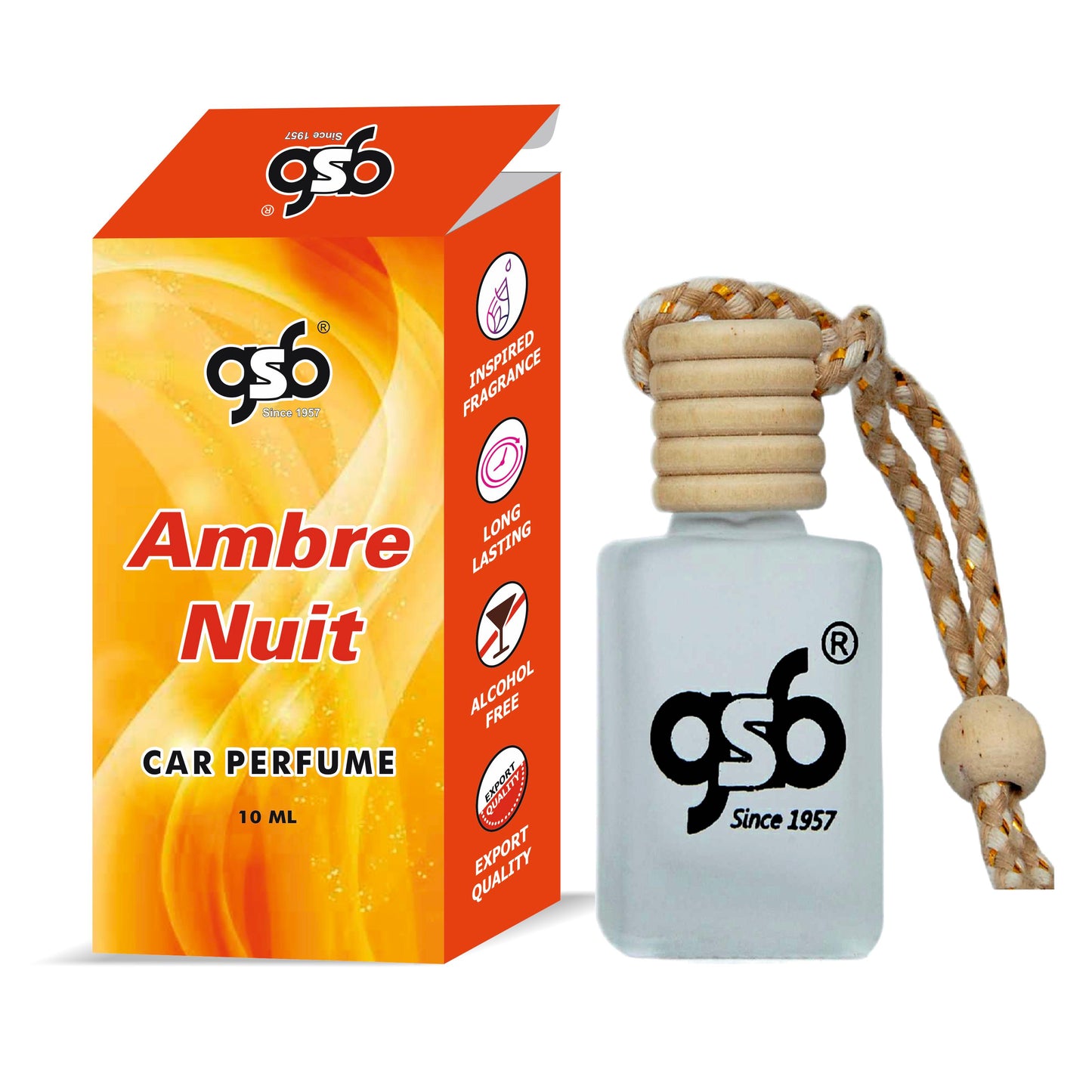 GSB Ambre Nuit Hanging Car Air Freshener Inspired From Doir Ambre Nuit | Natural Fragrance In Glass Bottle With Wooden Diffuser Lid | 10 Ml