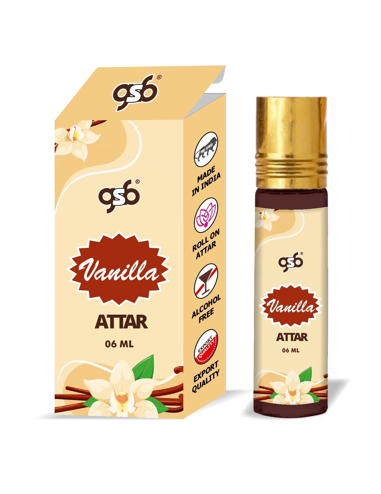 GSB Vanilla Pure Natural Attar/Itra/Perfume Roll On | Alcohol Free | Long Lasting | Undiluted | Unisex | 6 ml