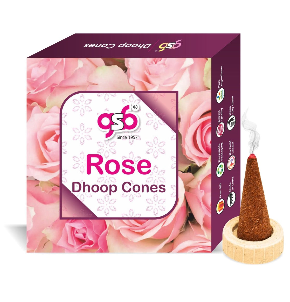 GSB Rose Premium Dhoop Cones with Stand Holder in Box | Dhoop Cone | No Charcoal | No Bamboo