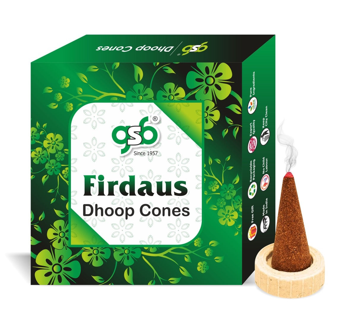 GSB Firdaus Premium Dhoop Cones with Stand Holder in Box | Dhoop Cone | No Charcoal | No Bamboo