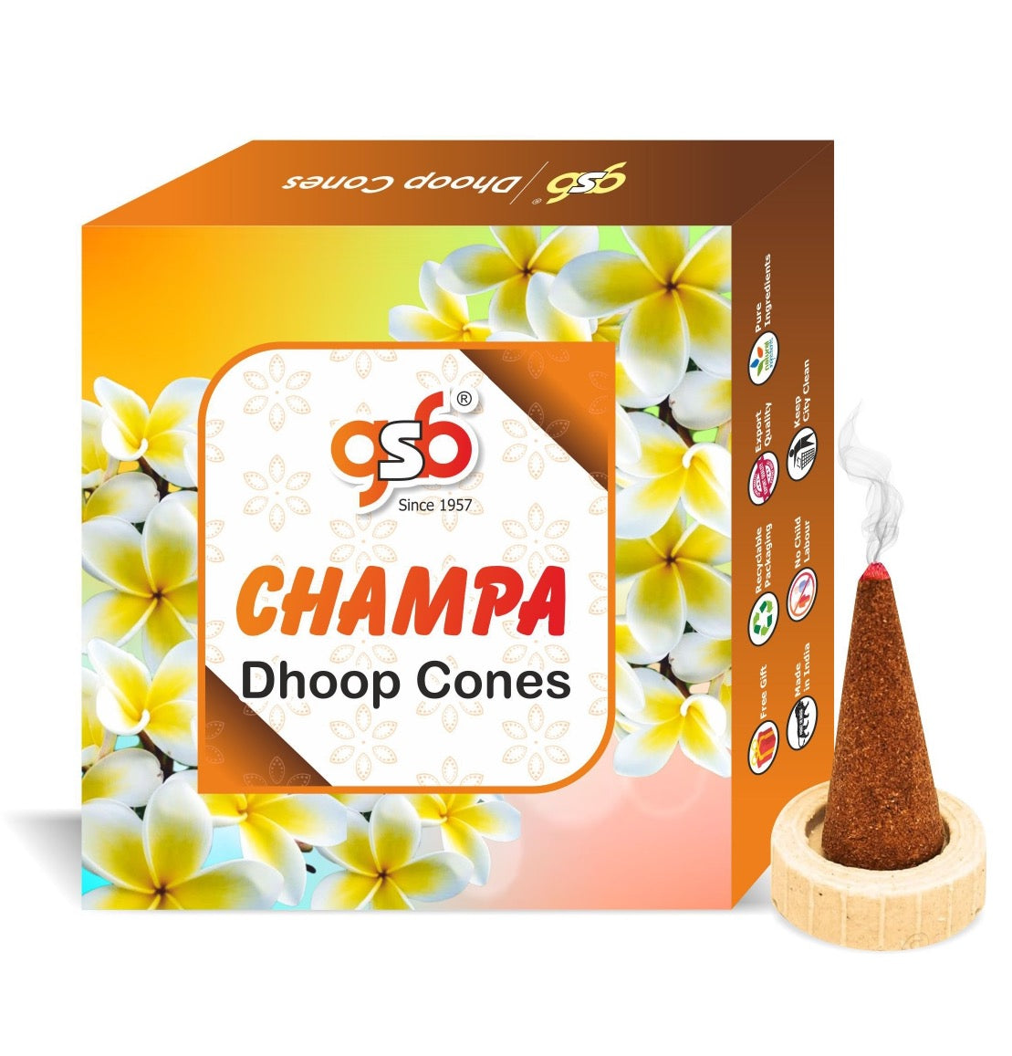 GSB Champa Premium Dhoop Cones with Stand Holder in Box | Dhoop Cone | No Charcoal | No Bamboo